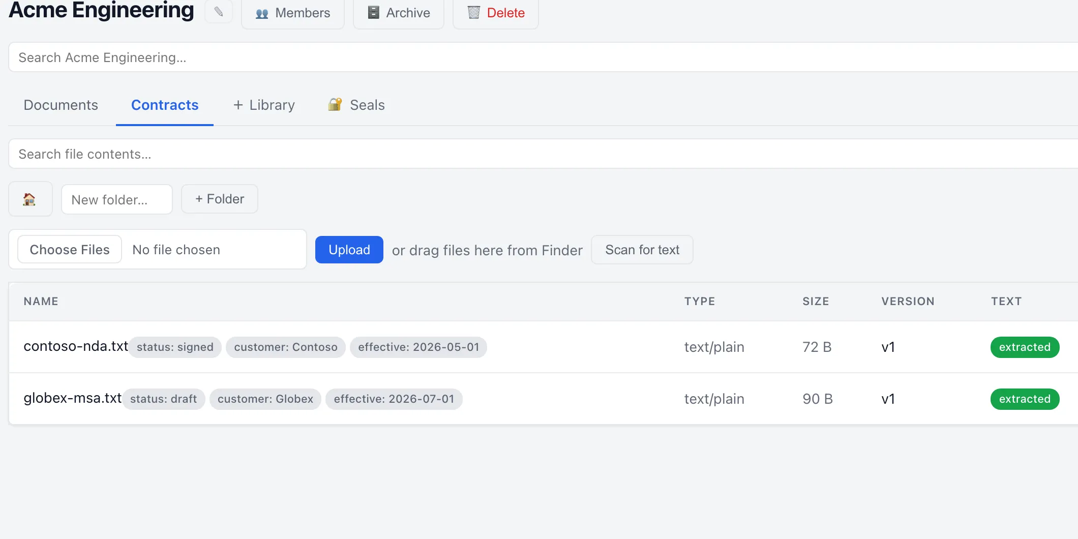 A contracts library with status, customer and effective date on each file, and extracted text