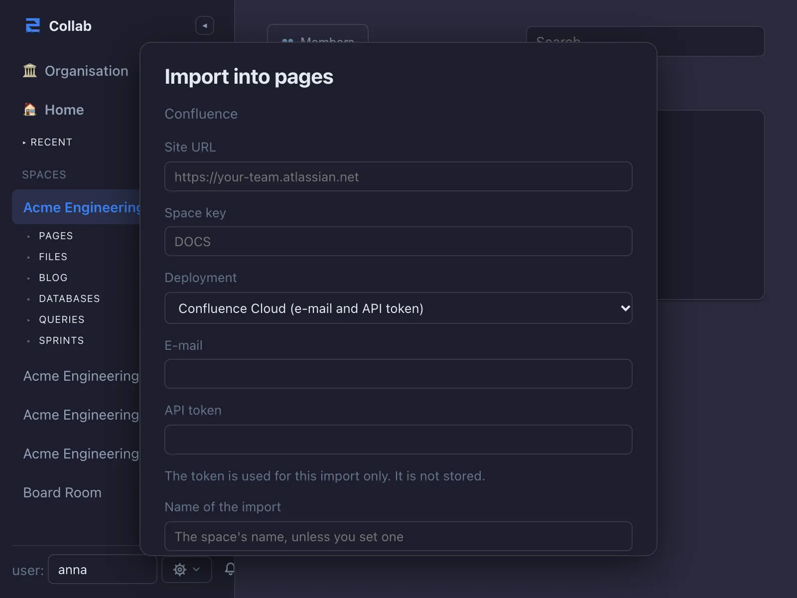 The Import into pages dialog, set to read from Confluence over its API, with fields for site URL, space key, deployment, e-mail and API token