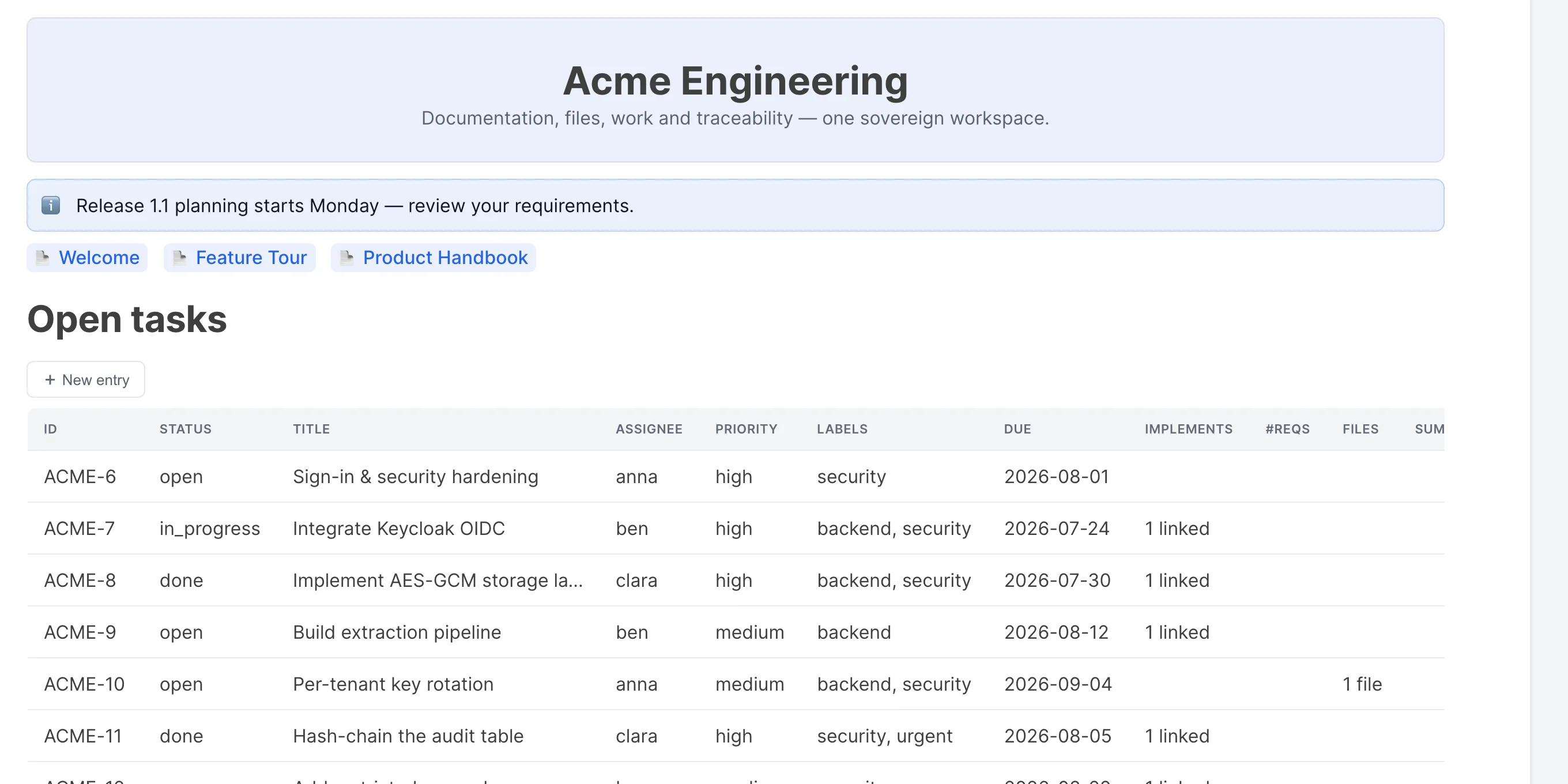 A swCollab page with an embedded live view of open tasks