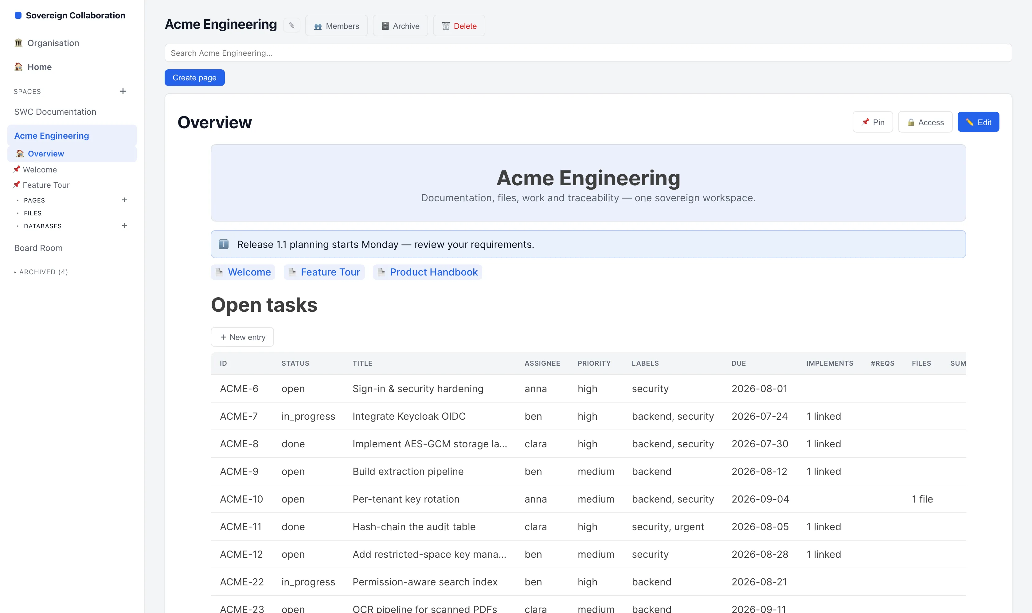 A swCollab page with a live table of open tasks embedded in it