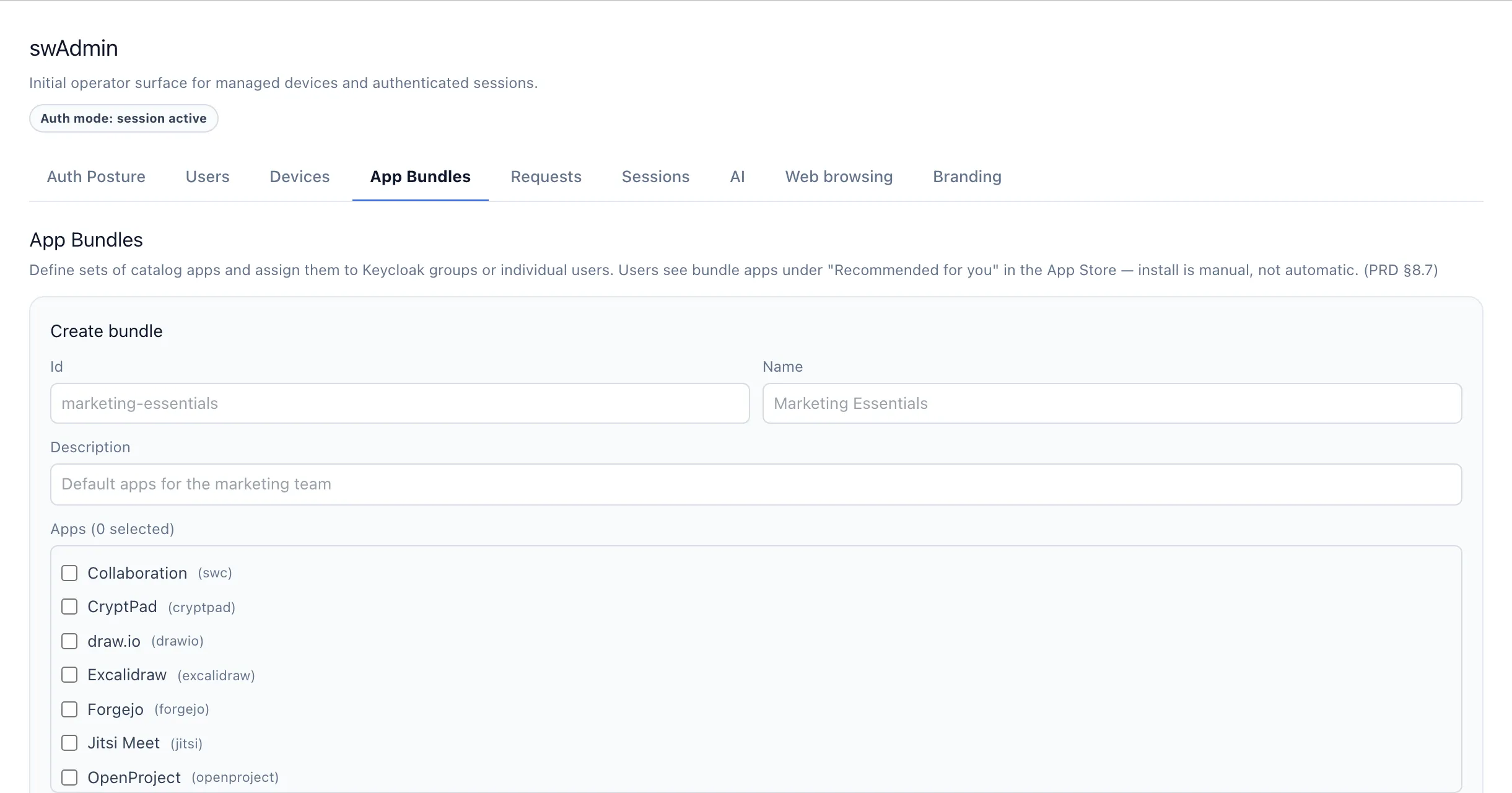 Admin Panel: an app bundle is defined and assigned to a group