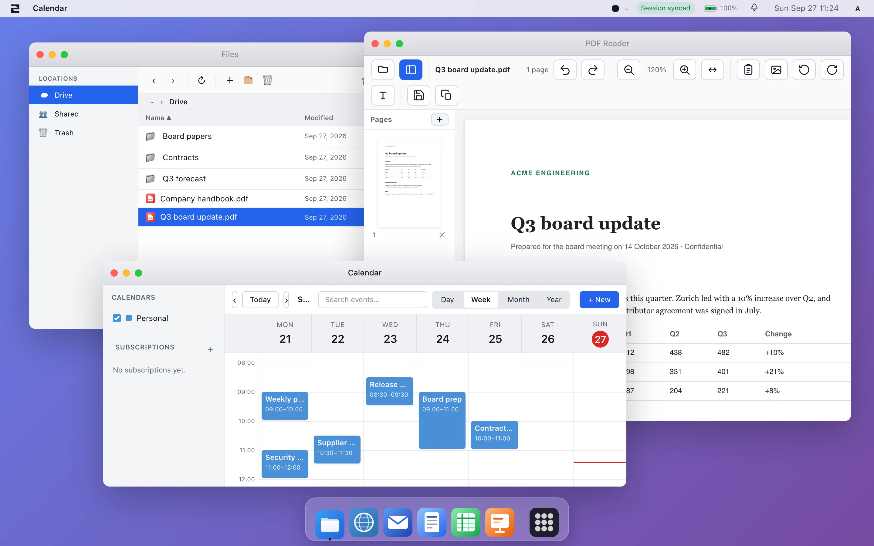 The swServer workspace in a browser, with Files, a PDF and the calendar open