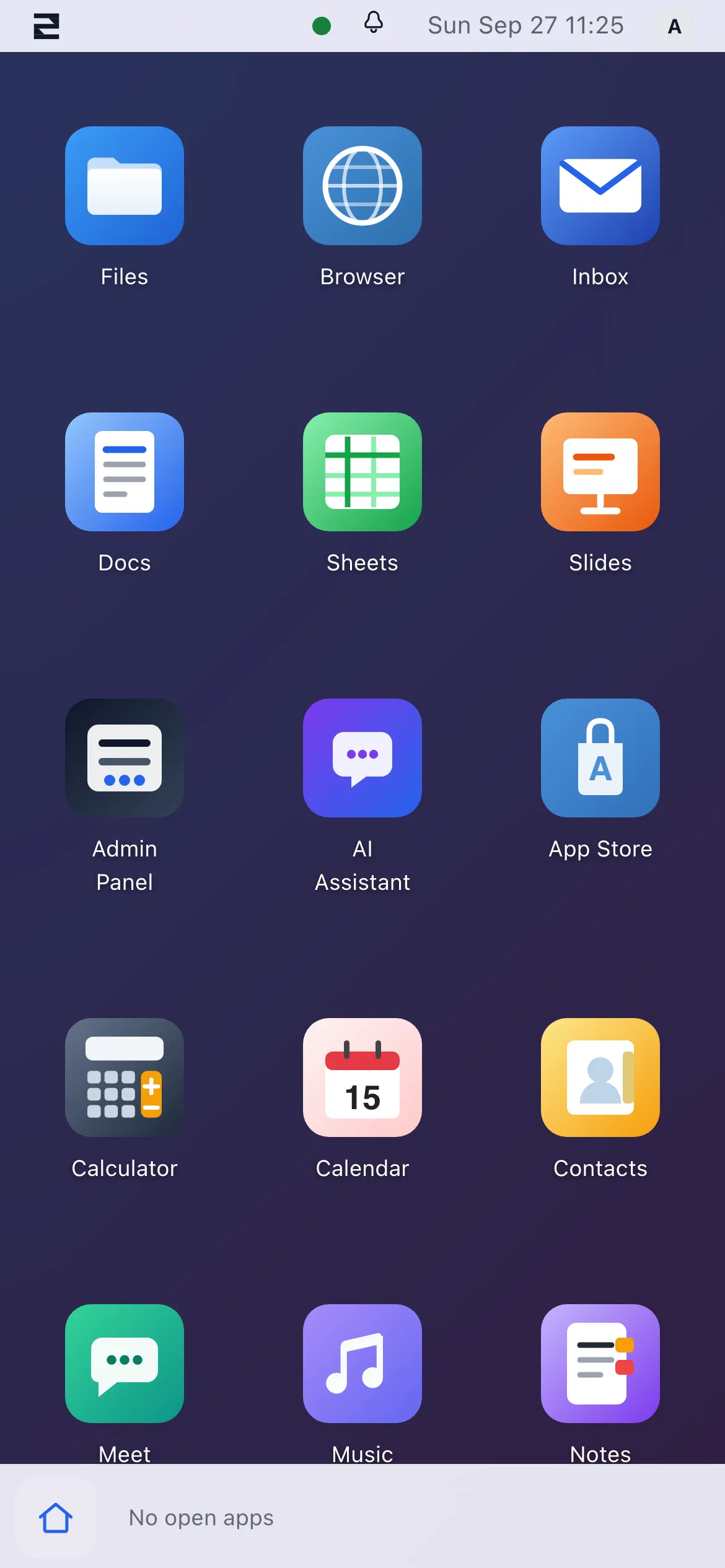 The same workspace on a phone: Files, Browser, Inbox, Docs, Sheets and more