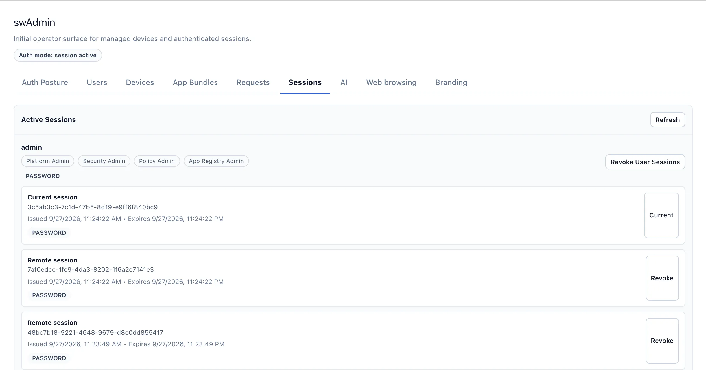 Admin Panel: active sessions of a user, each with a Revoke button